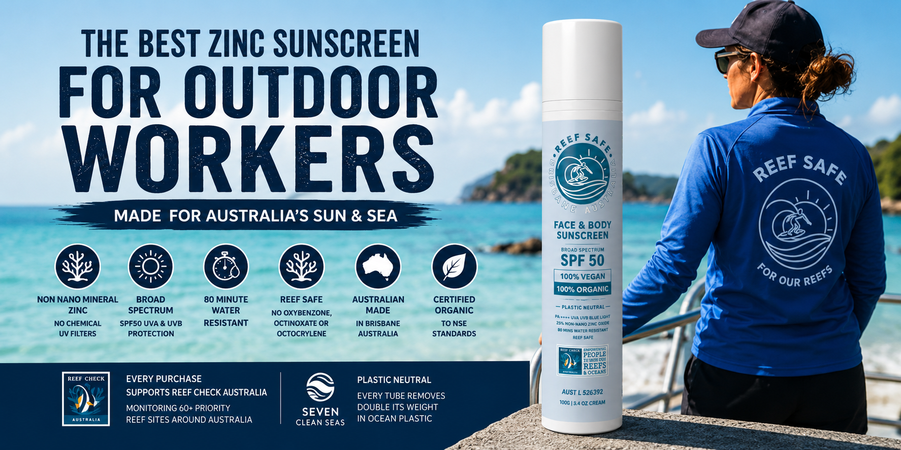 Best zinc sunscreen for outdoor workers in Australia, featuring Reef Safe Face & Body SPF50 mineral sunscreen beside a reef-tourism worker on a boat.