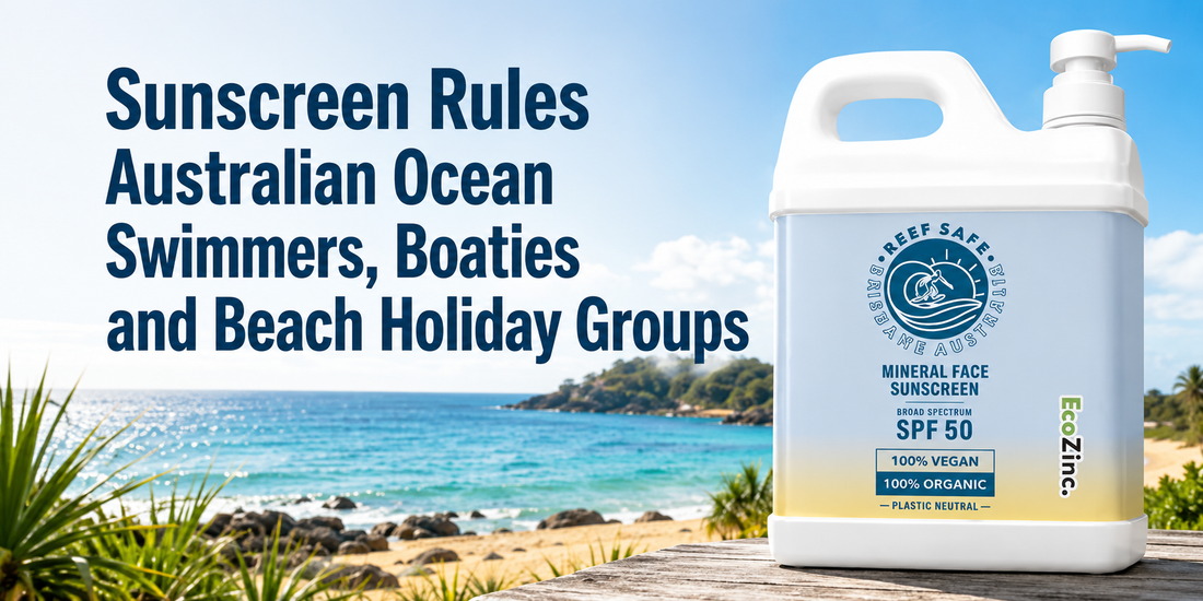 Graphic for the listicle “7 Sunscreen Rules for Australian Ocean Swimmers, Boaties and Beach Holiday Groups” featuring Reef Safe Australia zinc sunscreen.