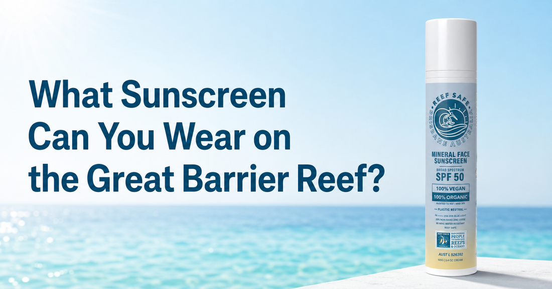 A Reef Safe Australia zinc sunscreen bottle on a bright ocean-blue background with the title "What Sunscreen Can You Wear on the Great Barrier Reef?" in bold.
