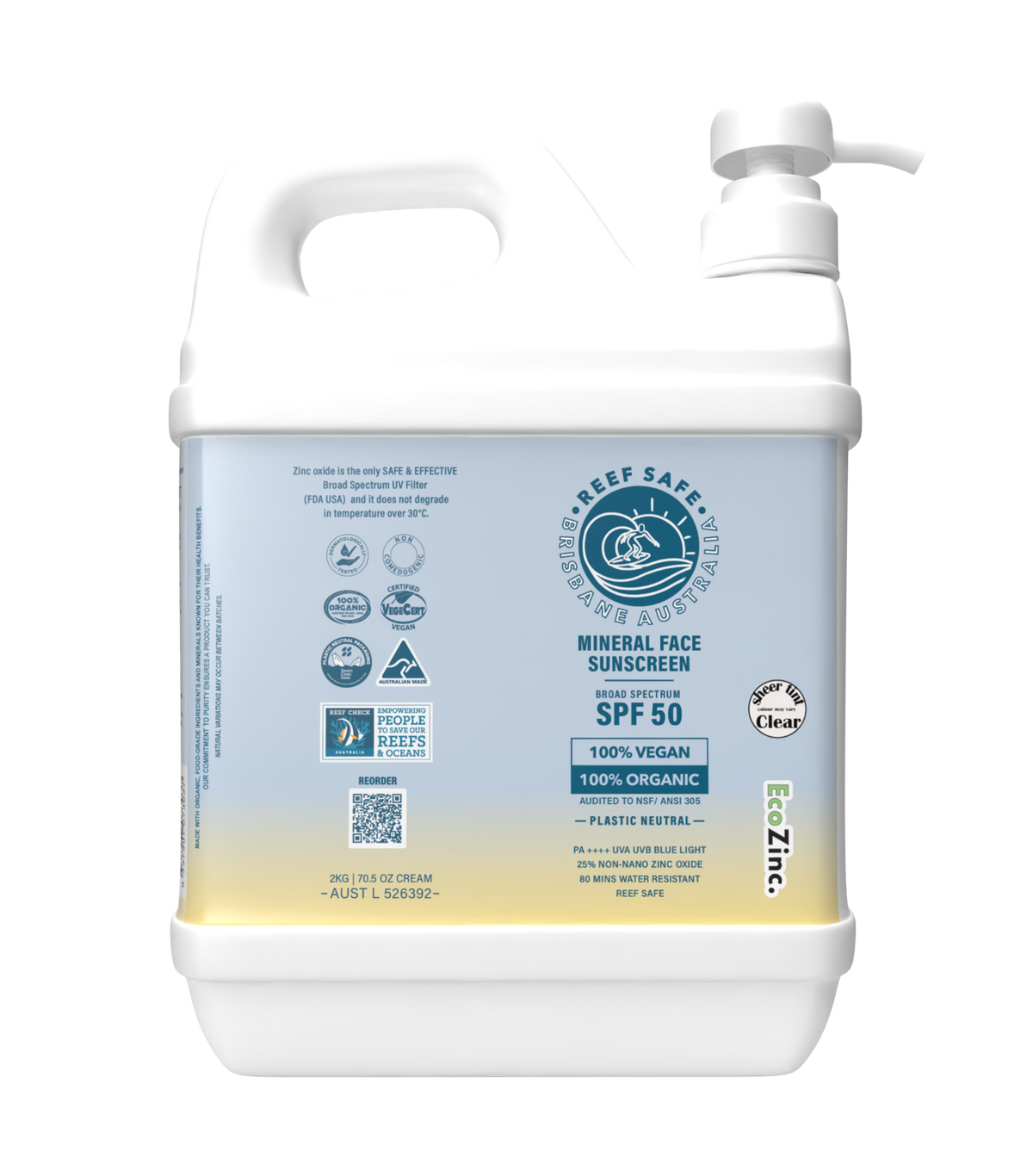 Reef Safe Zinc Mineral Face Sunscreen SPF50 2kg