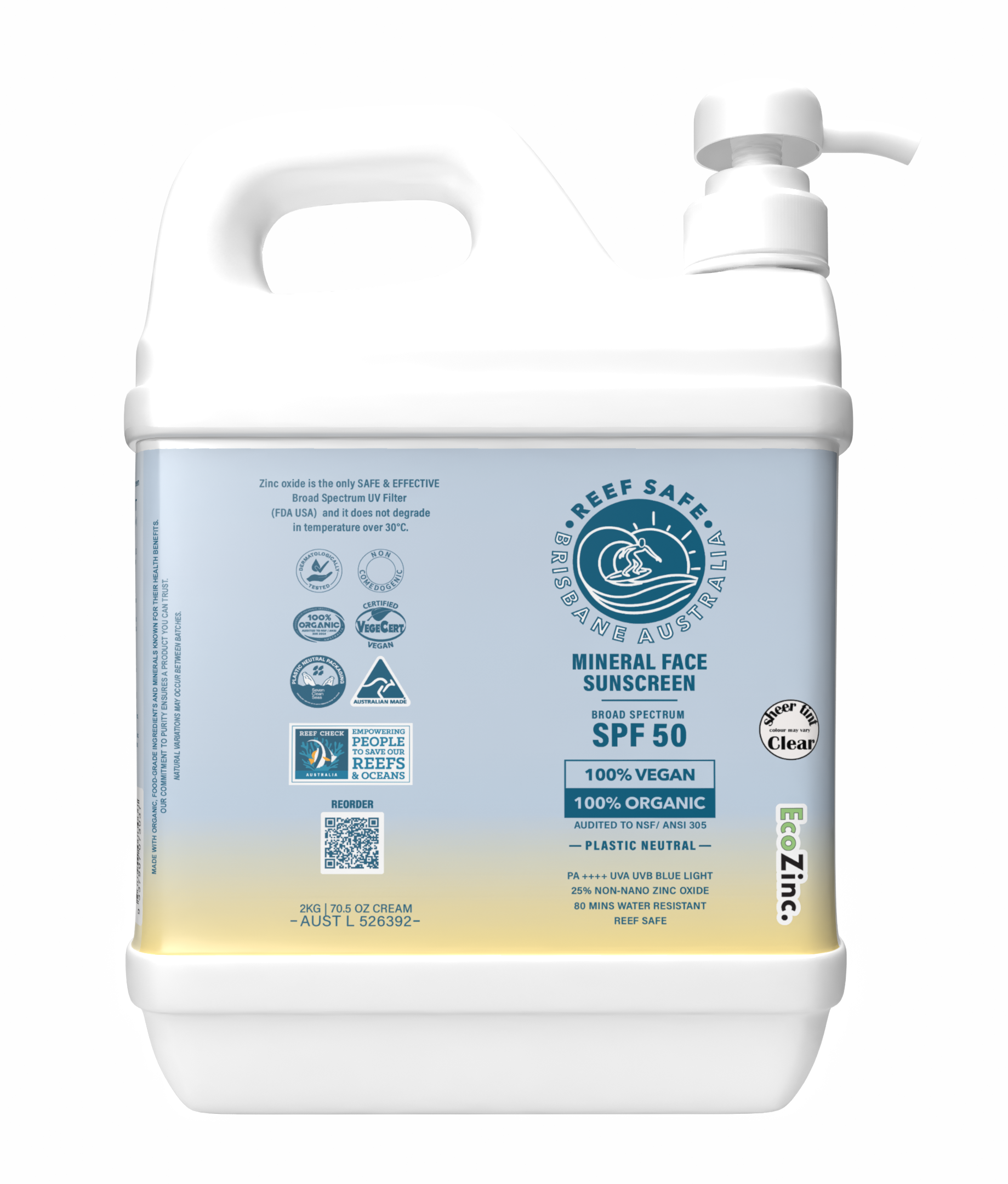 Reef Safe Zinc Mineral Face Sunscreen SPF50 2kg