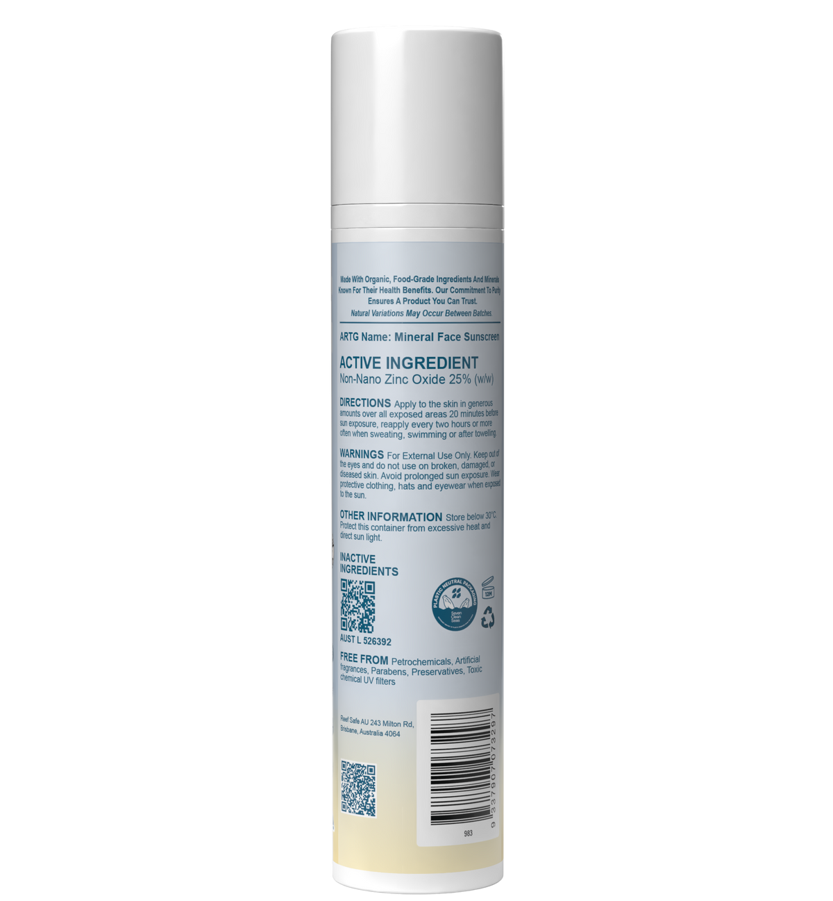 Reef Safe Mineral Face Sunscreen SPF50 100g Back Label