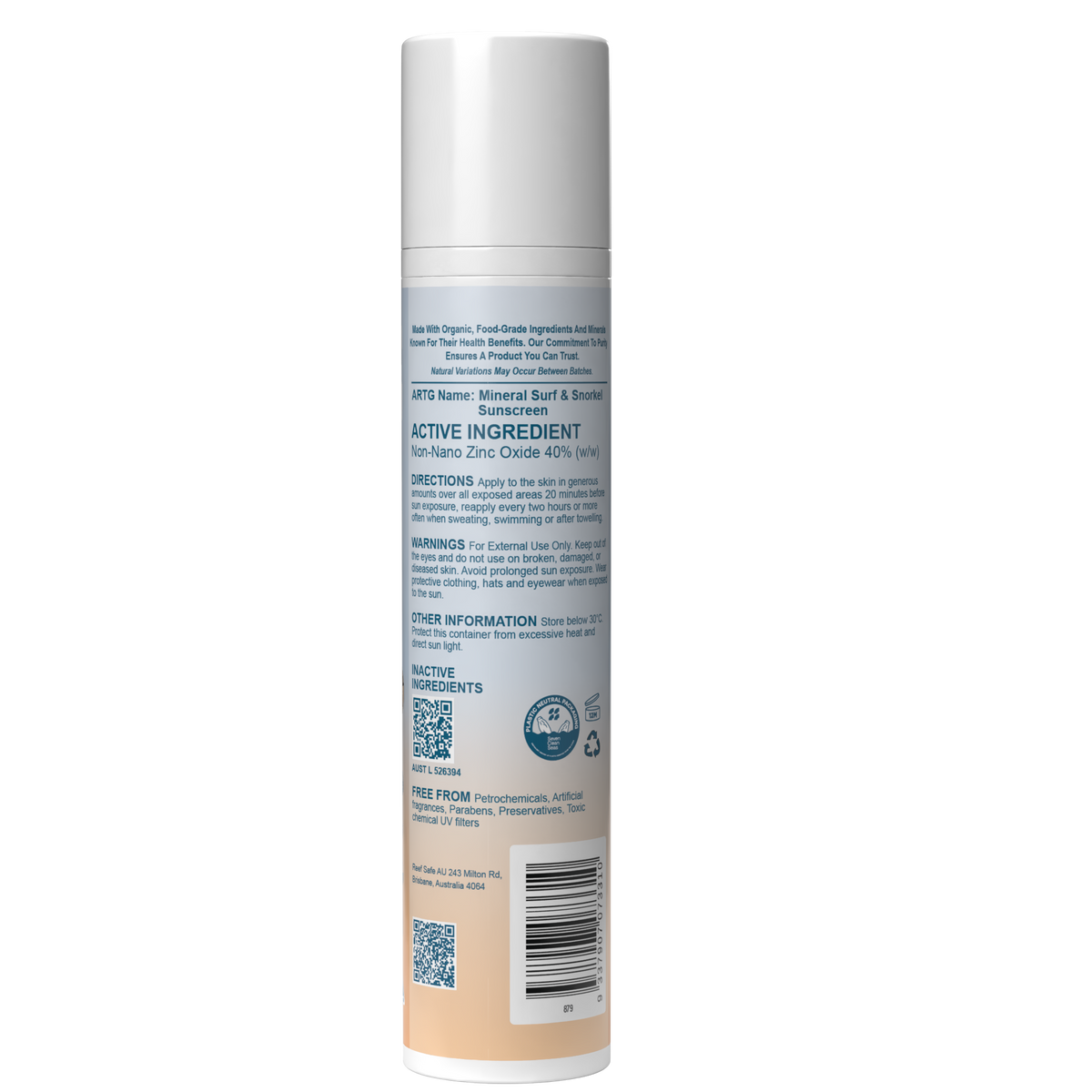 Reef Safe Zinc Mineral Surf & Snorkel Sunscreen SPF50+ 100g
