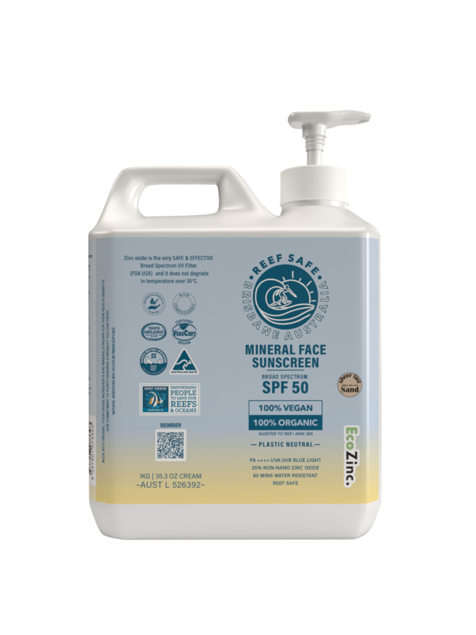 Mineral face sunscreen bottle with pump on a white background